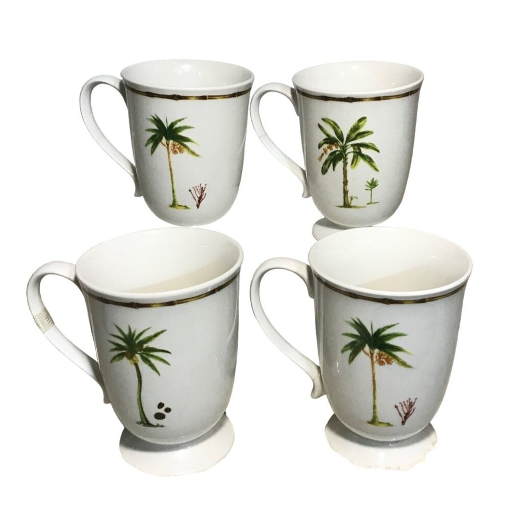 4 Palm Tree Ceramic Mugs Pedestal Base Gibson Dishwasher & Microwave Safe